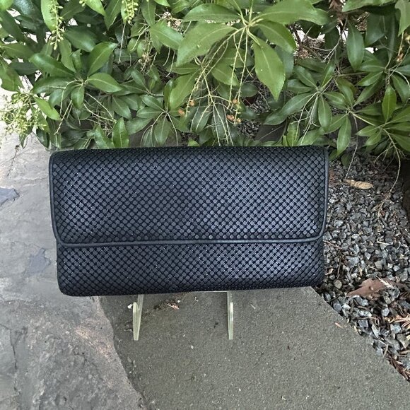 Whiting & Davis Vintage Black Mesh Fold Over Clutch Bag Purse Handbag - Picture 7 of 7